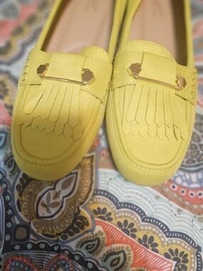Zara Bright Yellow Fringe Loafers with Gold Accent